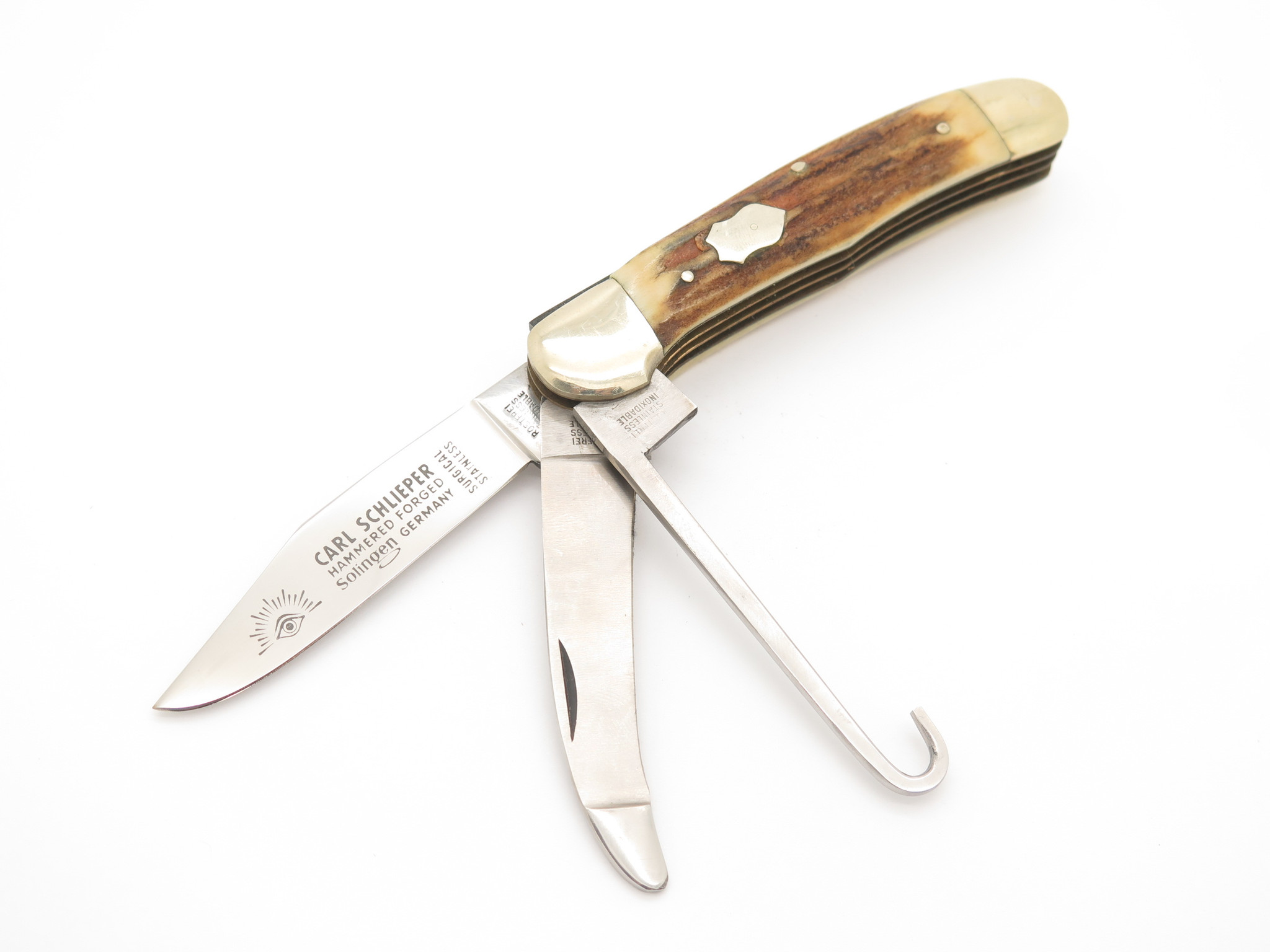 Vtg Carl Schlieper Solingen Germany Stag 3 Blade Copperhead