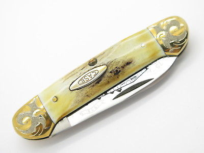 1980 Case XX 52131 Canoe 2 Blade Stag Folding Pocket Knife Gold