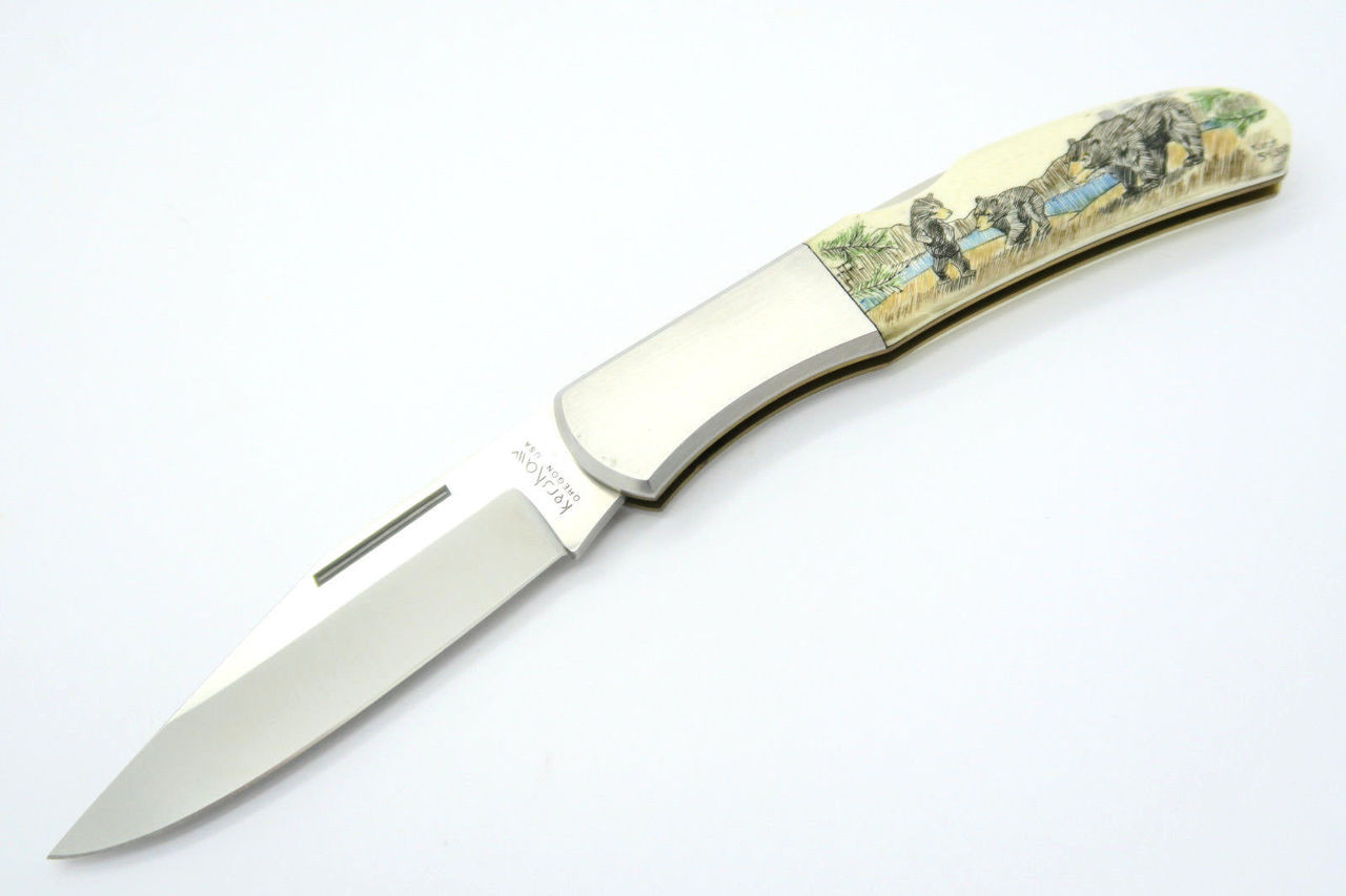 Vintage Kershaw Kai 4200 Seki Japan Karst Bear Scrimshaw Folding