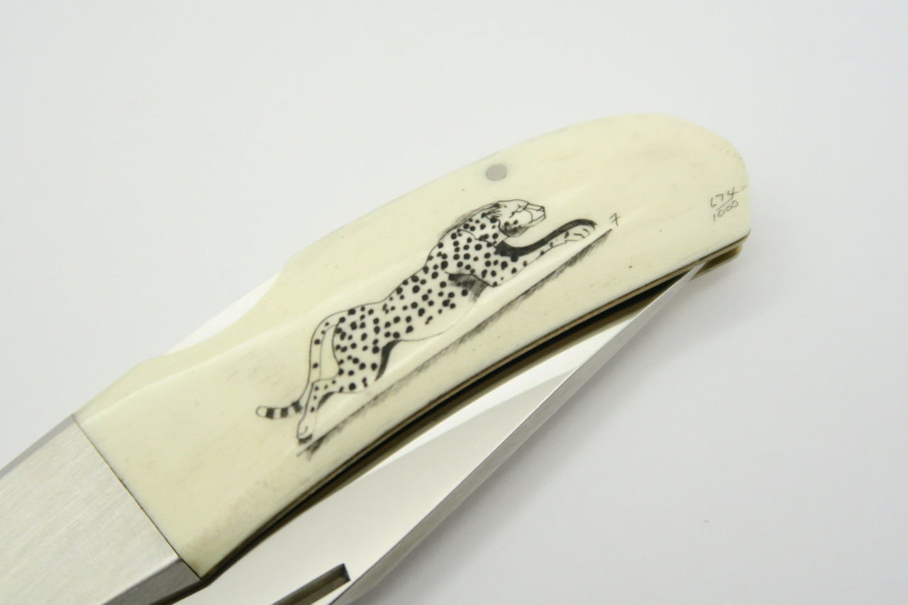 Vtg Kershaw Kai 4200 Seki Japan Cheetah Scrimshaw Folding Pocket