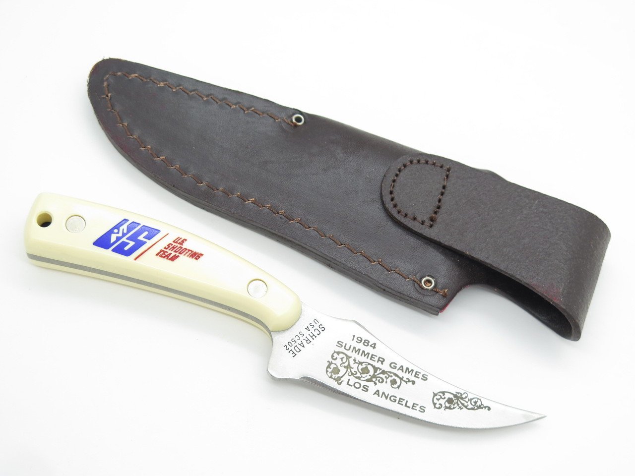 Vtg 1984 Olympics Schrade 152 Sharpfinger Scrimshaw US Shooting