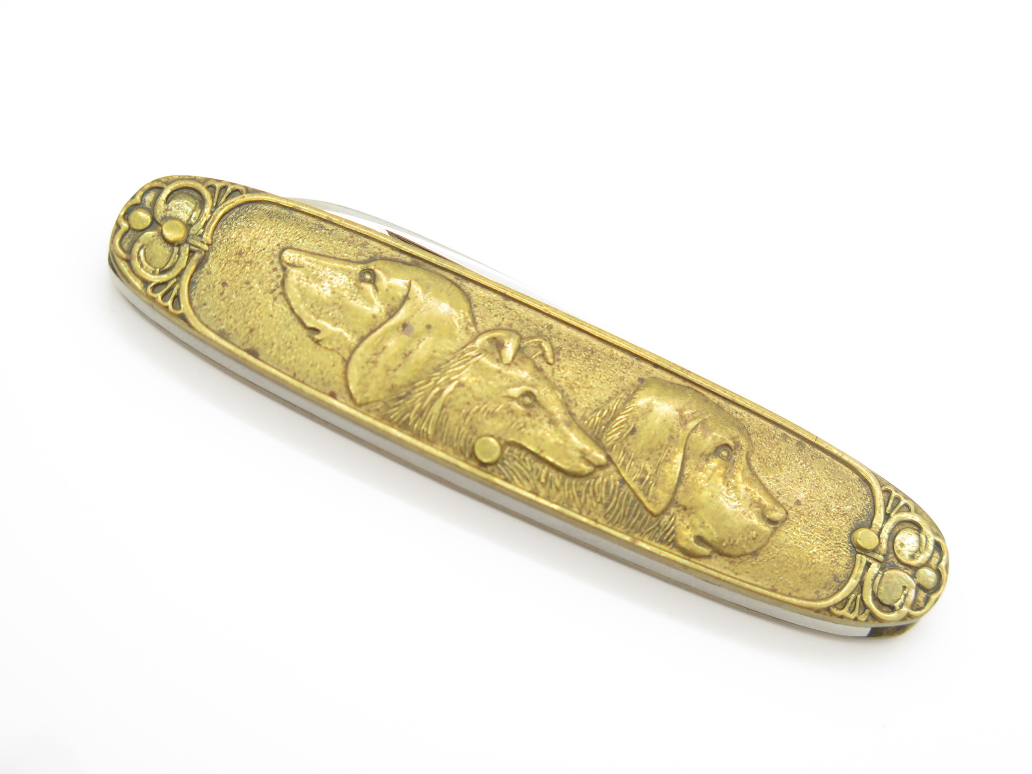 Vtg Parker Seki Japan Brass Handle Dog Scene Gentleman Folding