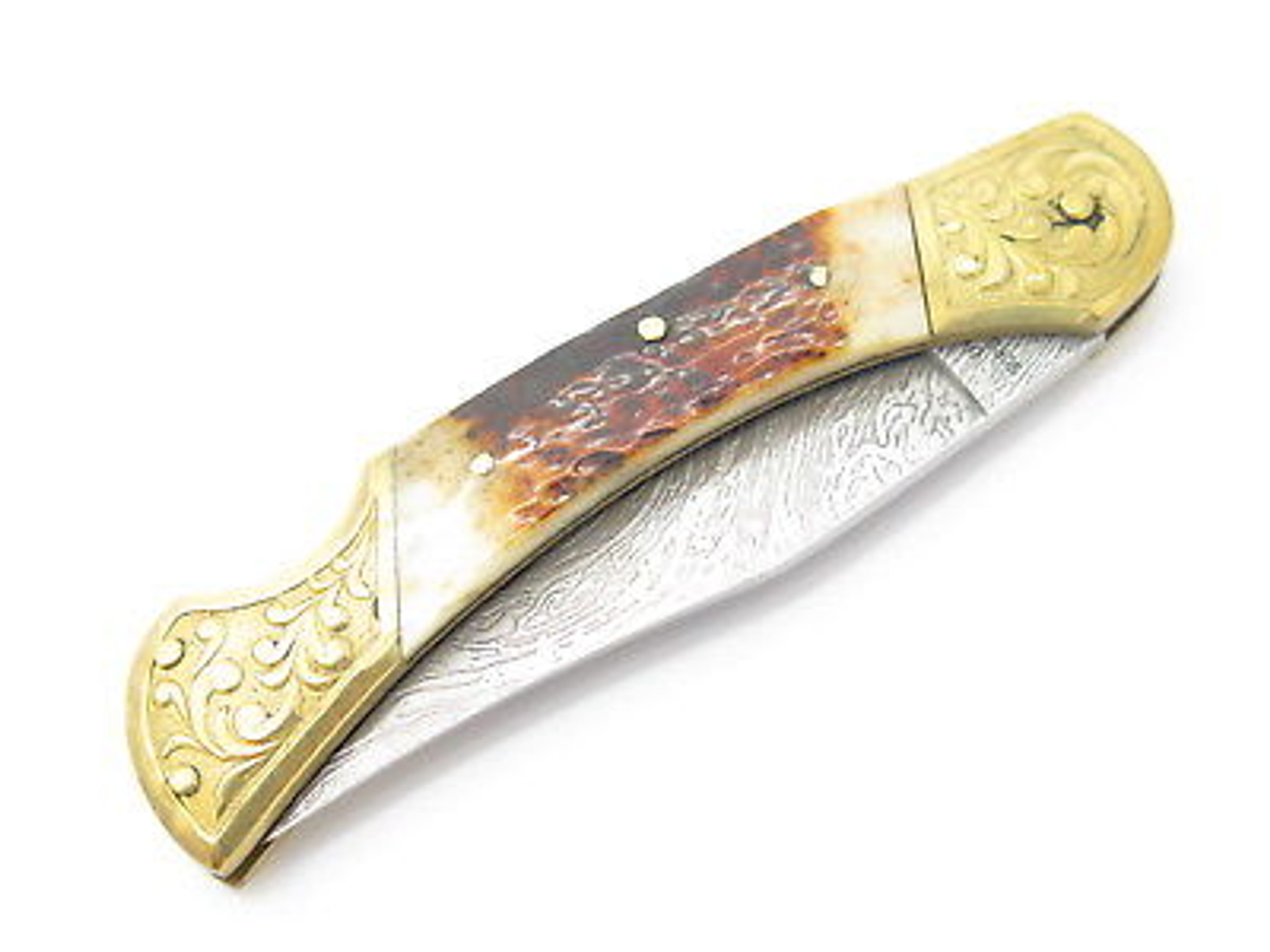 United UC647 Custom Stag Lockback Knife Eagle Damascus Look