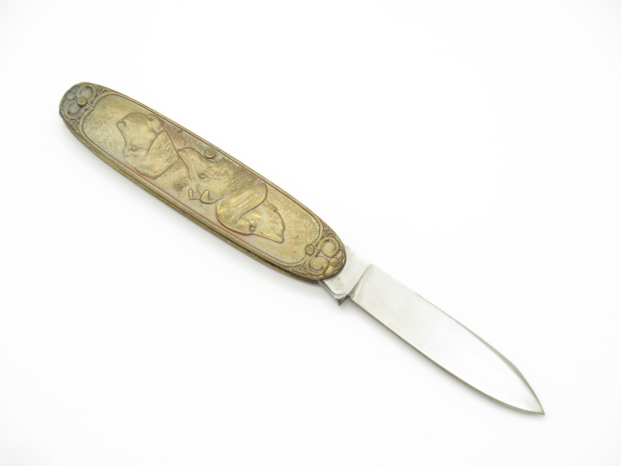 Vintage Seizo Imai Seki Japan Brass Handle Dog Gentleman Folding