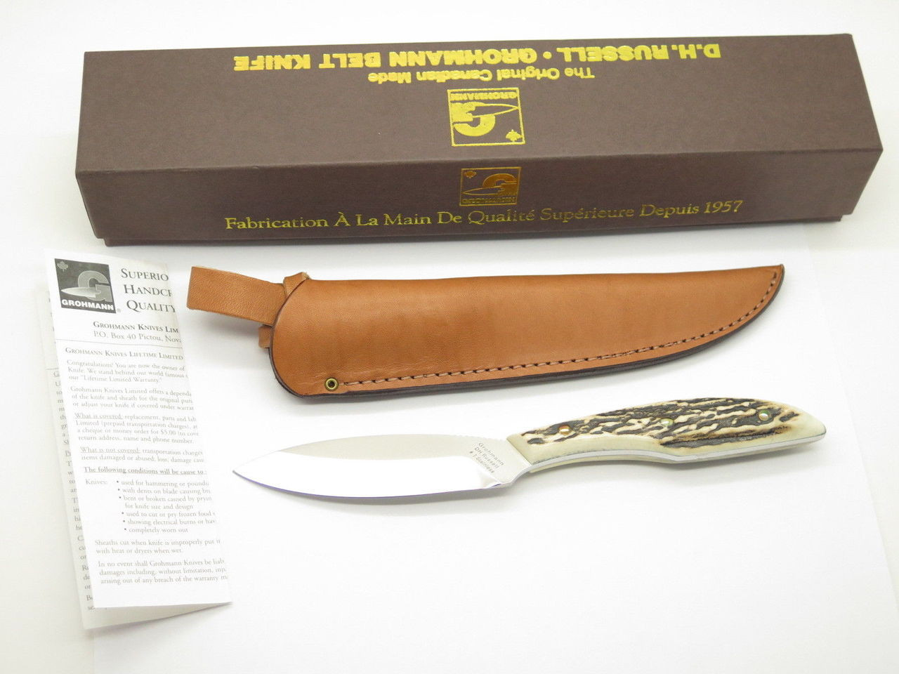 Vtg Grohmann DH AG Russell 1 Belt Fixed Blade Hunting Knife Stag