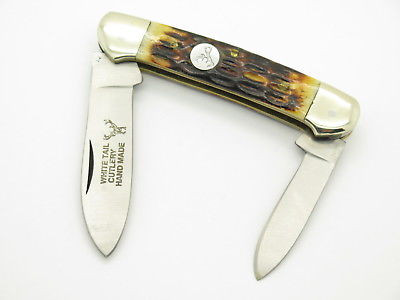 Vtg White Tail Cutlery Hand Made Jigged Bone Canoe Folding Pocket