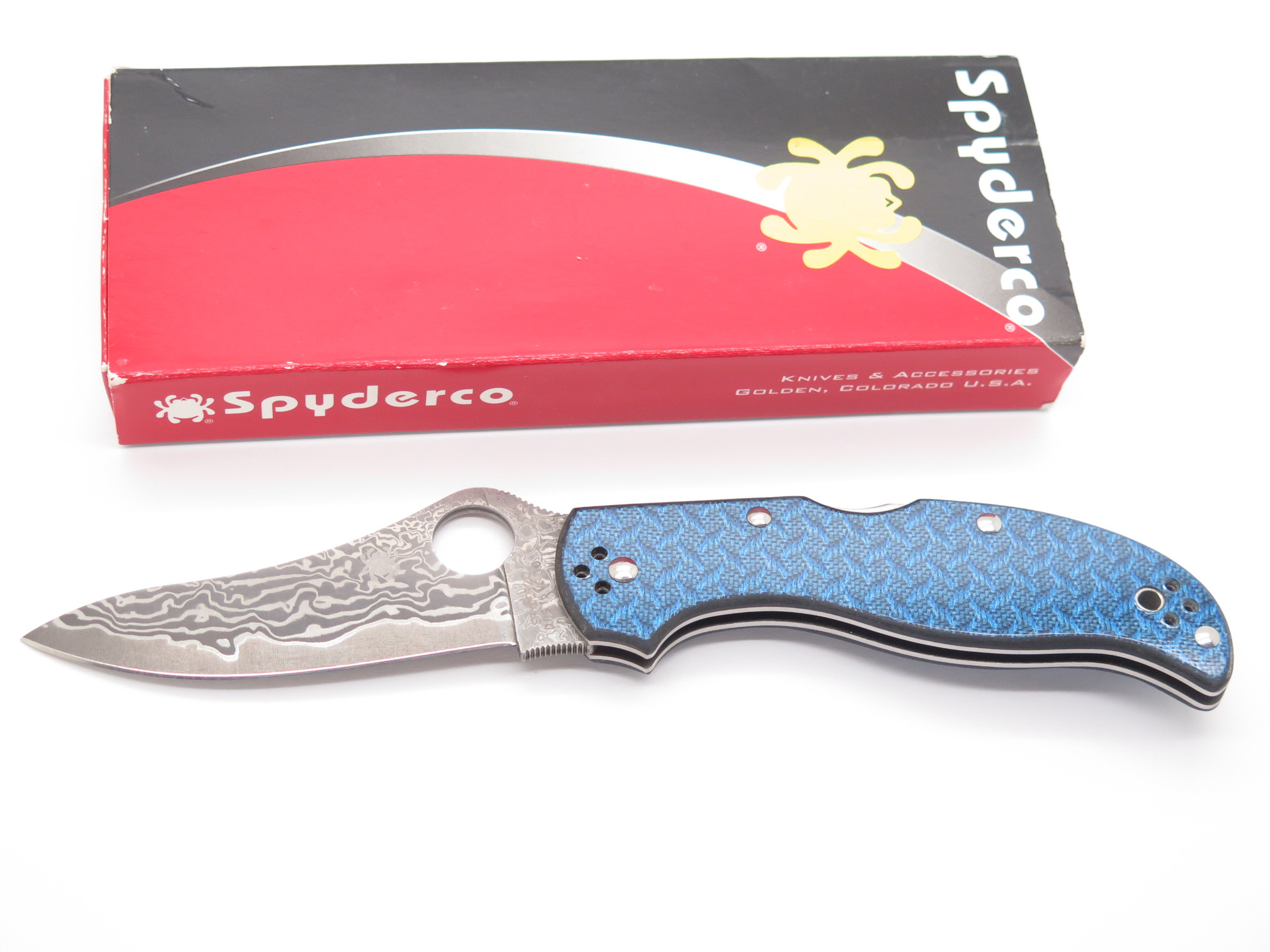 Spyderco C90 C90GFBLPD Stretch Seki Japan Nishijin Blue Damascus 