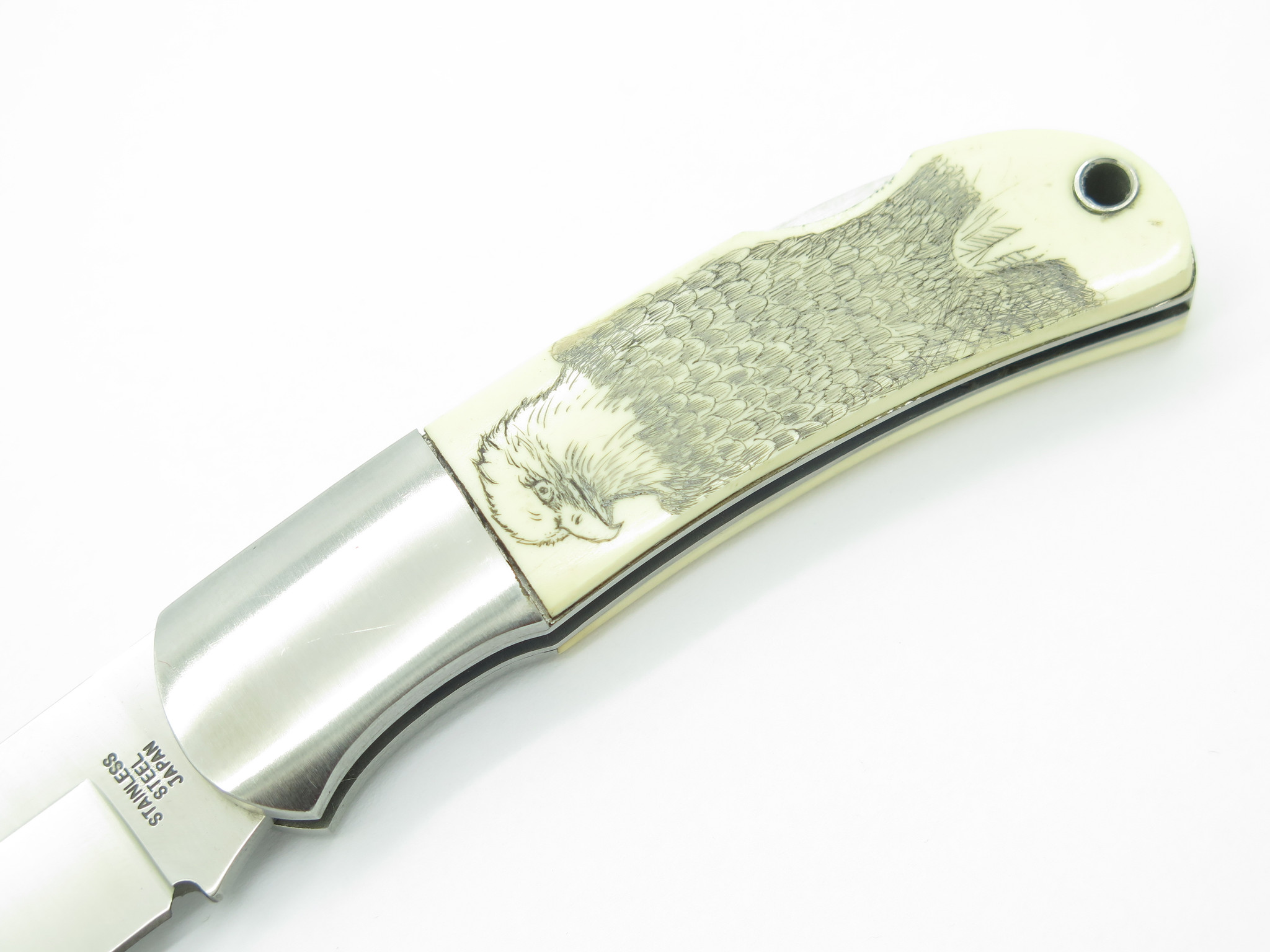Vtg Explorer G Sakai Seki Japan Eagle Scrimshaw Folding Lockback