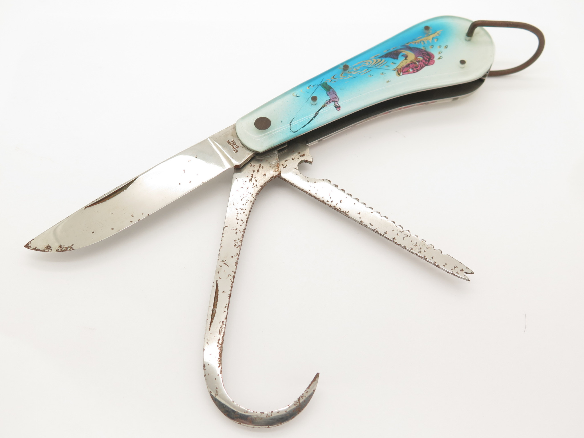Vintage 1960s Seki Japan Folding Fishing Knife 3 Blade Gaff Hook