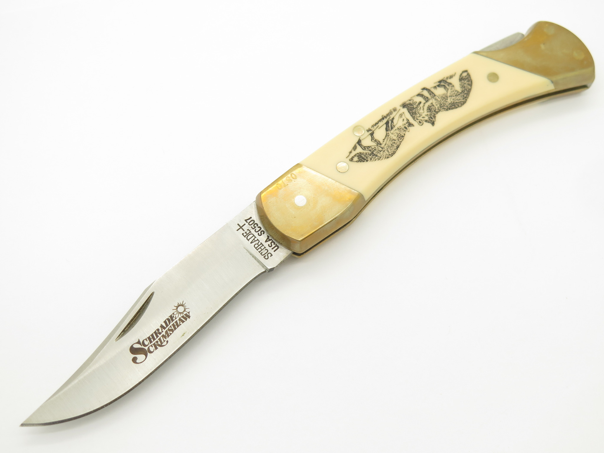 Vtg 1990 Limited Schrade USA 507SC Scrimshaw LB-7 Folding Hunter