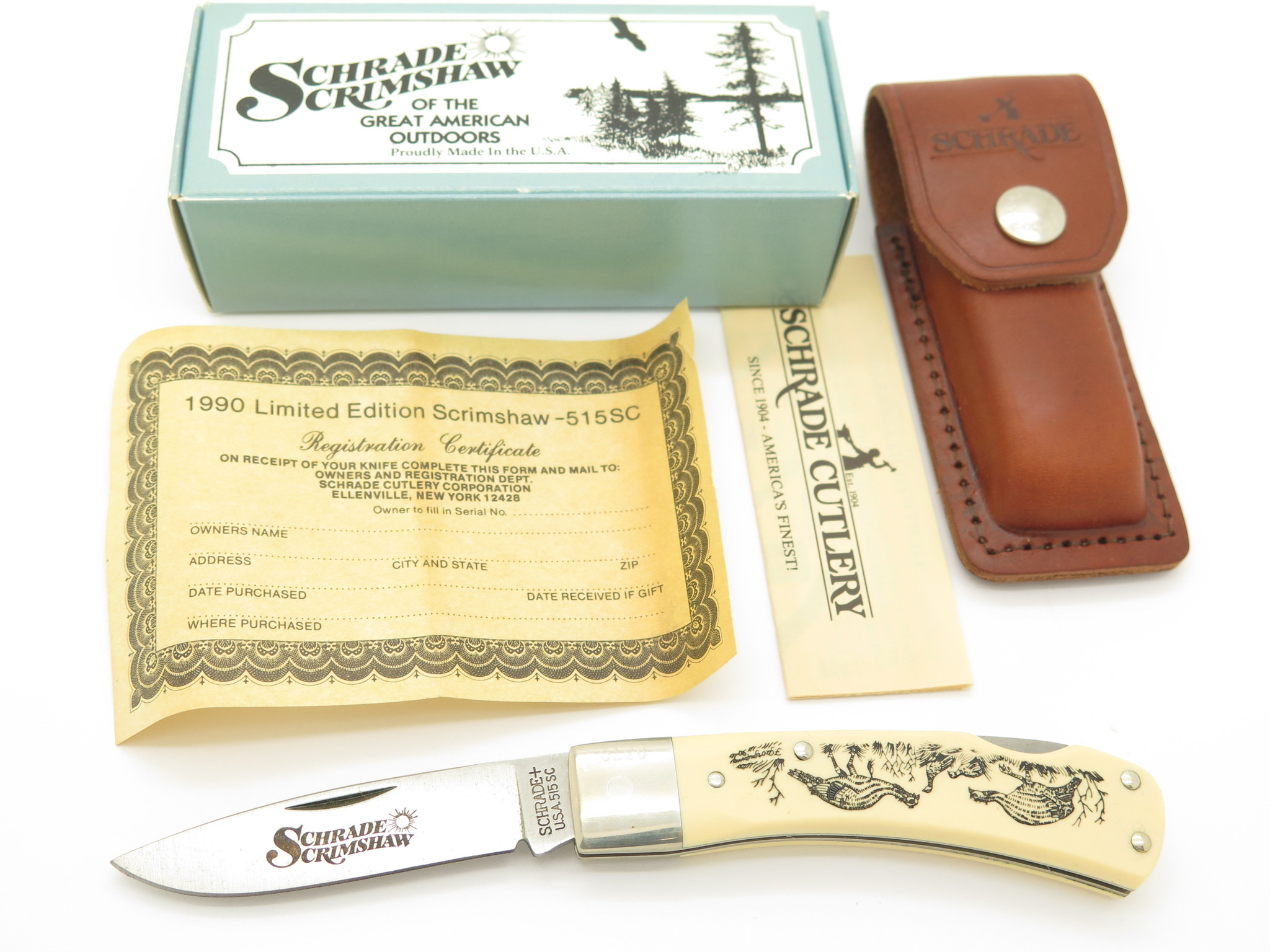 Vtg 1990 Limited Schrade USA 515SC Scrimshaw Folding Lockback