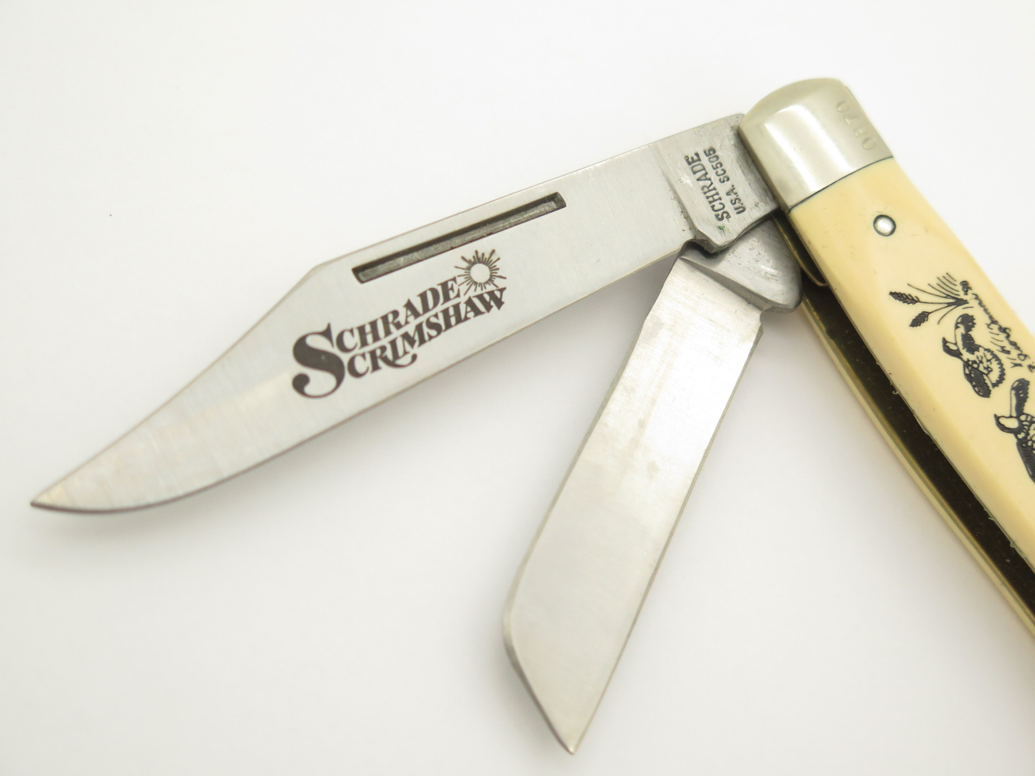 Vtg 1990 Limited Schrade USA SC505 Scrimshaw Stockman Folding