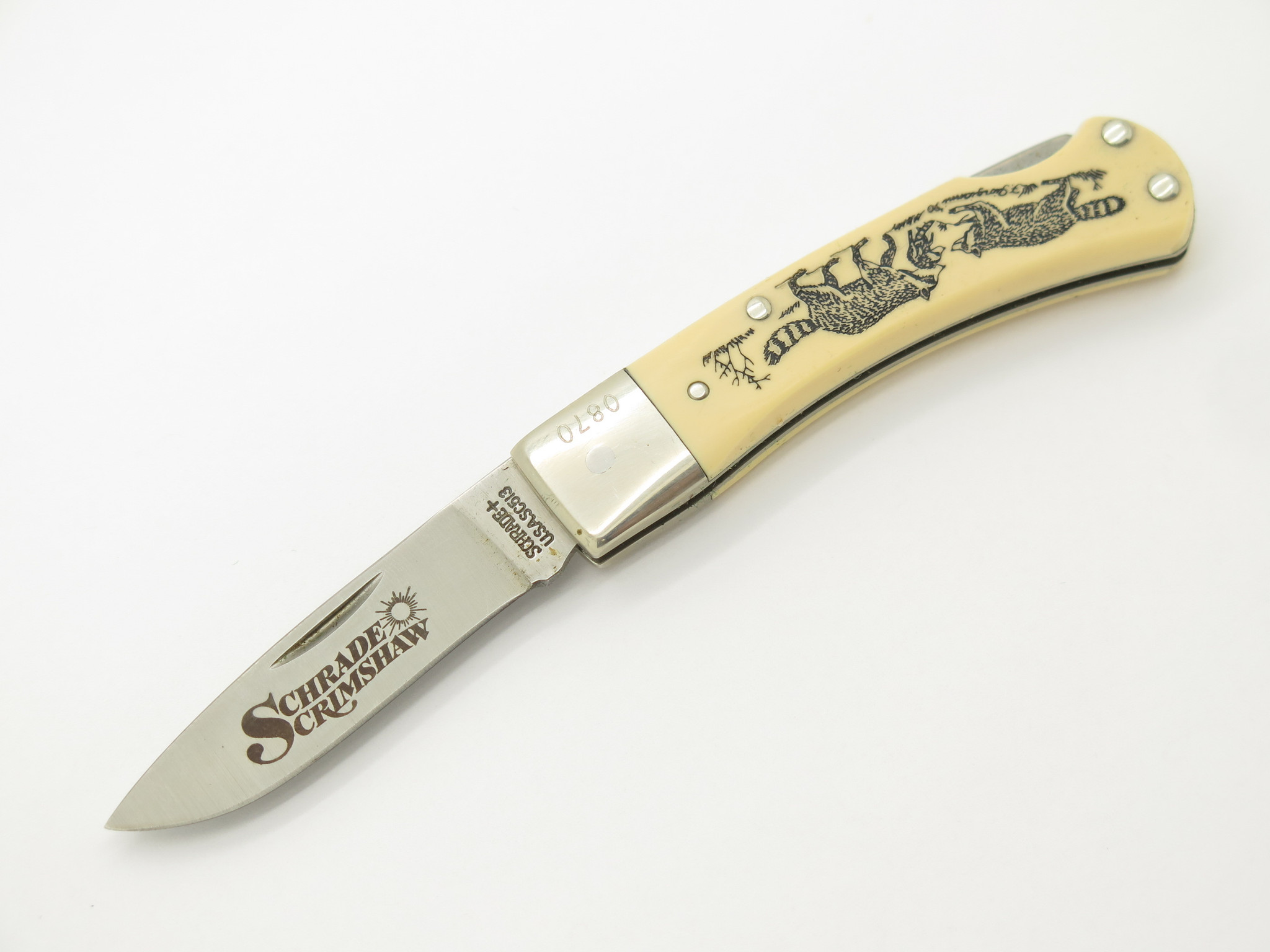Vtg 1990 Limited Schrade USA SC513 Scrimshaw Folding Lockback