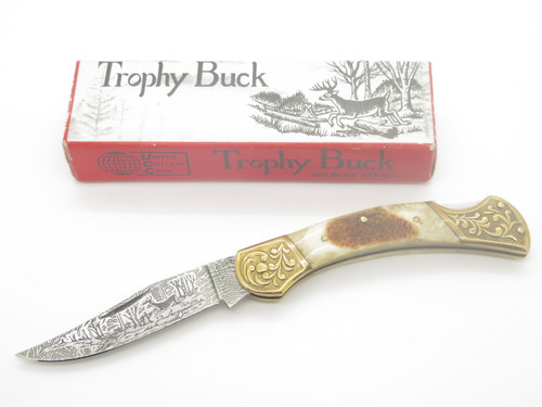 Vtg United UC389 Seki Japan Custom Stag Handle Lockback Knife with Deer Etch