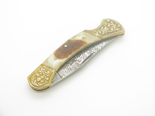 Vtg United UC389 Seki Japan Custom Stag Handle Lockback Knife with Deer Etch