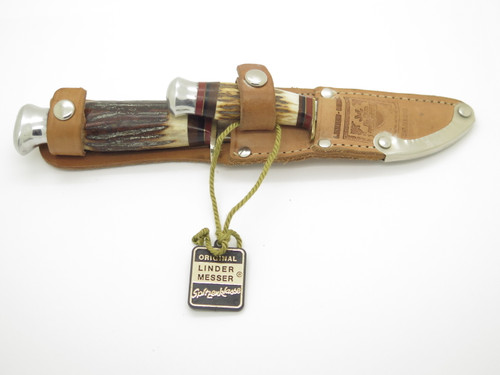 Vintage Linder-Messer Rehwappen Germany Stag Fixed Blade Knife Twin Combo Set
