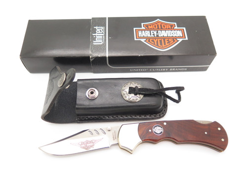 2003 United Harley-Davidson Wood Handle Folding Hunter Lockback Knife & Sheath