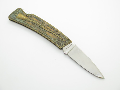 Vintage 1989 Winchester Rifle 1921 Advertising Brass Handle Folding Pocket Knife