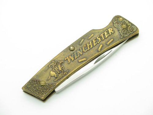 Vintage 1989 Winchester Rifle 1921 Advertising Brass Handle Folding Pocket Knife