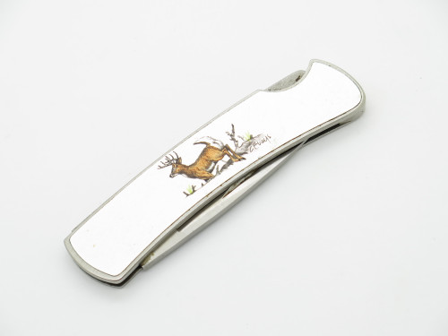 Vtg 1990 Buck 525 Gent Stainess Deer Scene Handle Folding Lockback Pocket Knife
