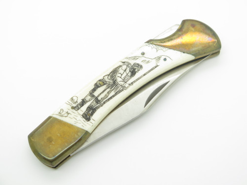 Vintage Frost Cutlery Seki Japan Mountian Man Scrimshaw Folding Lockback Knife