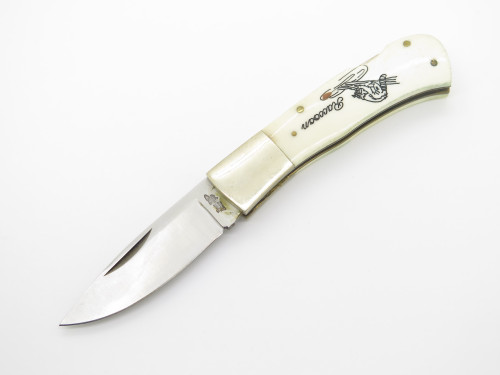 Vintage Frost Seki Japan Raccoon Scrimshaw Bone Folding Lockback Poacket Knife