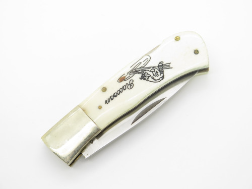 Vintage Frost Seki Japan Raccoon Scrimshaw Bone Folding Lockback Poacket Knife