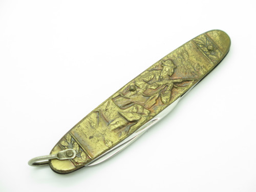 Vintage Colibri Solingen Germany Brass Handle Hunter Scene Folding Pocket Knife