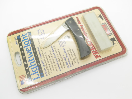 Vintage Schrade USA SP3 Lightweight Black Handle Folding Pocket Knife & Stone