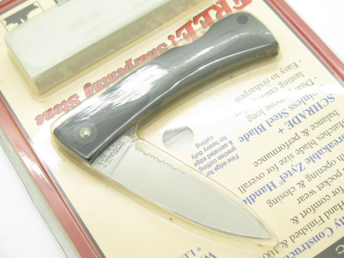 Vintage Schrade USA SP3 Lightweight Black Handle Folding Pocket Knife & Stone