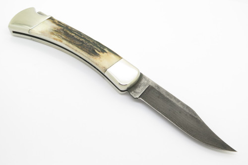 Vintage Buck 110 Damascus & Stag Custom Folding Hunter Lockback Knife