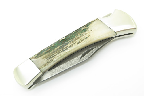 Vintage Buck 110 Damascus & Stag Custom Folding Hunter Lockback Knife