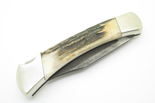 Vintage Buck 110 Damascus & Stag Custom Folding Hunter Lockback Knife