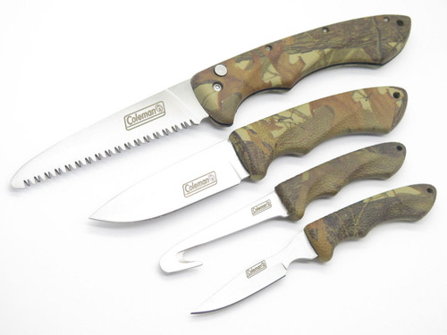 Coleman 5006 Camo 4 Knife Field Game Hunting Skinning Deer Combo Fixed Knife Set