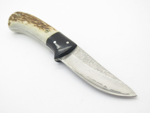 Custom Idaho USA Elk Stag Buffalo Horn Damascus Fixed Blade Hunting Knife