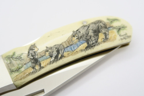 Vtg Kershaw Kai 4200 Seki Japan Karst Bear Scrimshaw Folding Pocket Knife