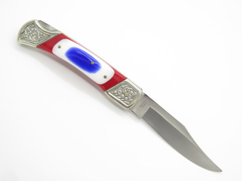 Vtg Old Smoky OS15 Pakistan Uncle Sam Folding Hunter Knife Red White Blue Lucite