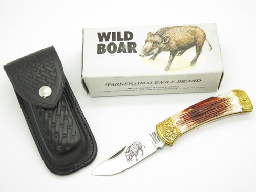 Vtg Parker Imai KF-538 Seki Japan Wildlife Boar Bone Stag Folding Hunter Knife