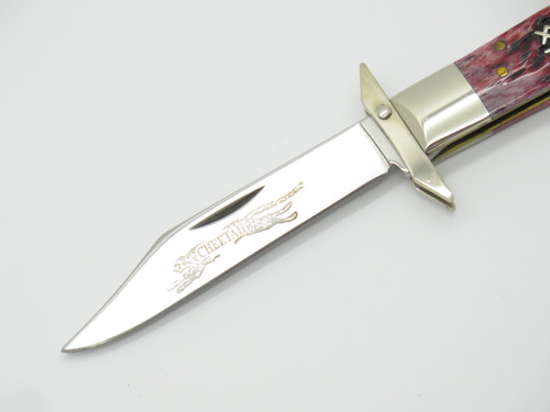 Case XX 6111 1/2 Cheetah Script Cranberry Swing Guard Folding Knife & Tin