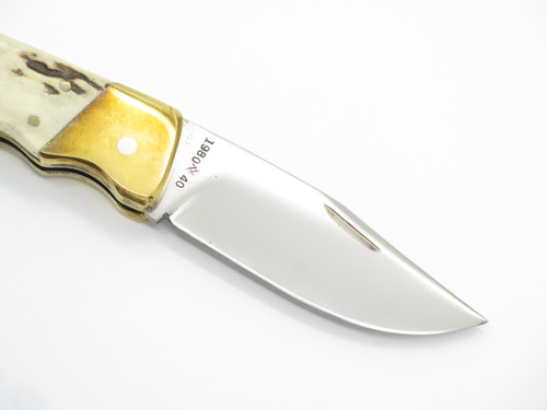 1980 W.C. Overholser Oregon Custom Stag Brass Folding Hunter Knife