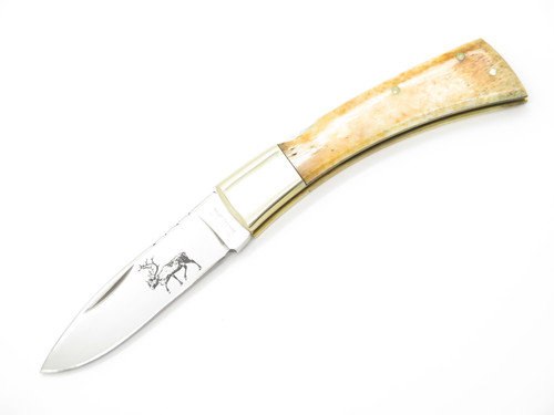 Vtg NOS '80 Taylor Cutlery Elk Horn 4" Smooth Bone Folding Lockback Pocket Knife