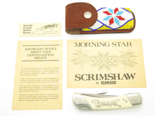 Vtg Schrade USA Uncle Henry Morning Star Scrimshaw Folding Hunter Knife Beaded