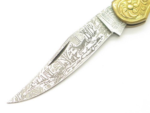 United UC389 Custom Stag Lockback Knife Deer Etch Damascus Imai Seki Japan