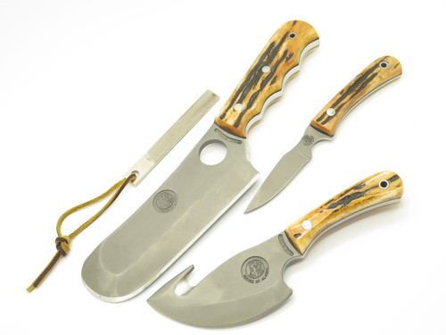 Knives of Alaska Combo Four Piece Jigged Bone D2 Fixed Hunting Knife Set & Steel