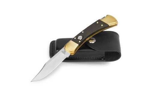 Buck 110 Auto Ebony Wood Handle Brass Bolster Folding Hunter Knife