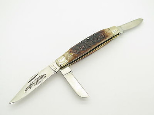 Vtg Parker Eagle Jigged Bone Handle 3 Blade Stockman Folding Pocket Knife