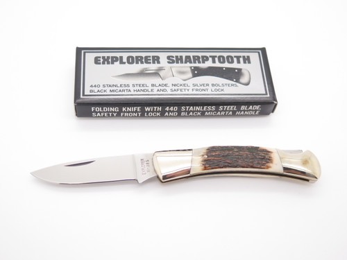 Vintage 1980s Explorer 11-385 Imai Seki Japan Stag 3.37" Small Lockback Knife