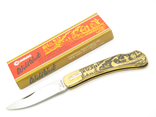 Vintage 1970s Compass Wild West Seizo Imai Seki Japan Brass 4" Lockback Knife