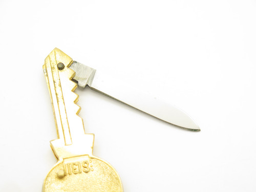 Vtg 1980s LuckySon Key Shape Seki Japan Gold Tone Folding Novelty Pocket Knife