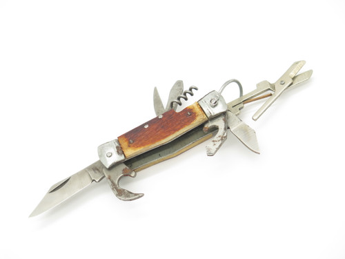 Vintage 1950s Seki Japan 2.37" Multi Tool Bone Handle Folding Pocket Camp Knife